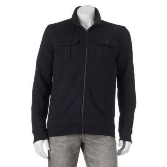 Mens Military Jacket Medium Tall Apt 9 Black Marled Fleece Zip Up Mock Neck - Picture 1 of 5